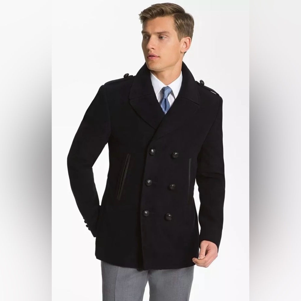 Burberry London Leather Trim Moleskin Double Breasted Black Coat Jacket $1,400+!